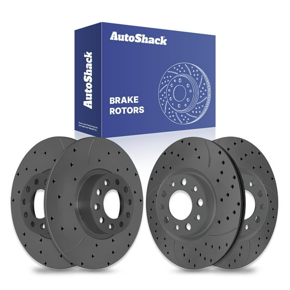 AutoShack Front Vented & Rear Solid Drilled & Slotted Coated Brake Rotors Black Matte Finish 4-PC Set Replacement for 2013-2016 Dodge Dart BlackShield