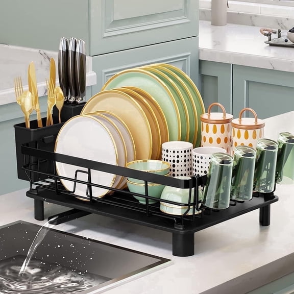 Dish Rack Dish Drainers for Kitchen Counter, 16.9''L x 13''W x 5.9''H Dish Rack with Drain , Dish Drying Rack Drain with Utensil Holder, Cup Holder, Kitchen Dishes Storage and Organizers