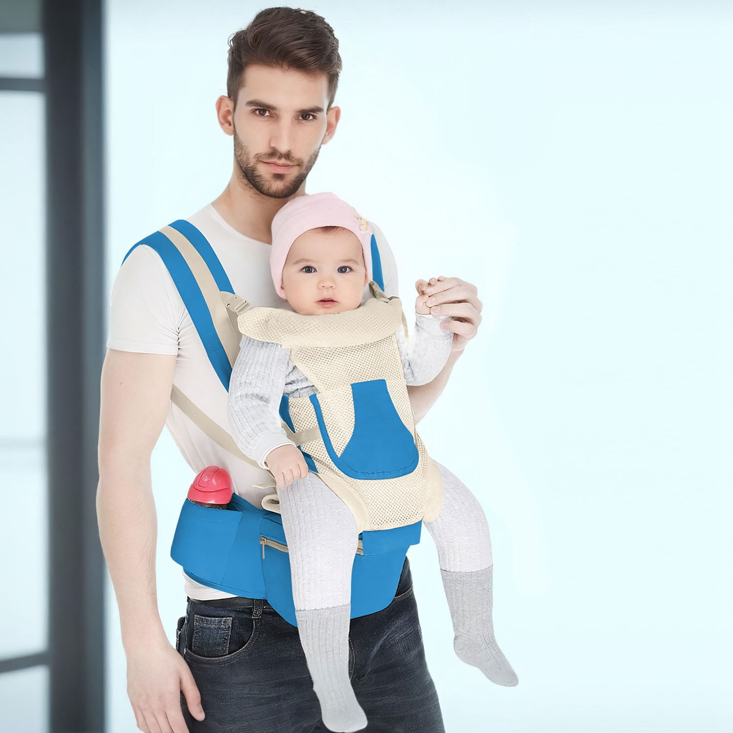 Zorpupoa Kid Carrier with Hip Seat, Ergonomic Adjustable Infant Carrier with 15 Carrying Positions for Under 55lbs Weight 0-4 Years Old, Blue