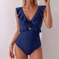 thumbnail image 2 of IYYVV Women's One Piece Swimsuit Tummy Control Ruffle Bathing Suit V Neck Ruched Swim Suit Slimming Cutout Swimwear Navy M, 2 of 5