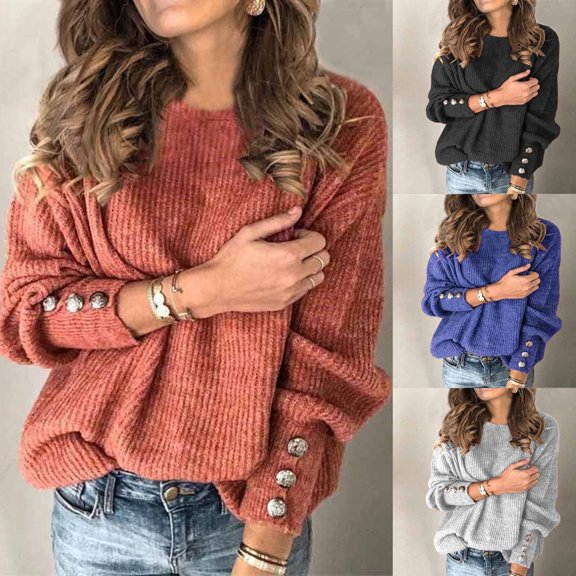 Aboser Women's Oversized Chunky Knit Pullover Sweaters Trendy Crew Neck Tunic Sweater Plus Size Slouchy Long Sleeve Jumper Tops Fall Winter Loose Fit Sweater with Button Decor Black XXXXXL