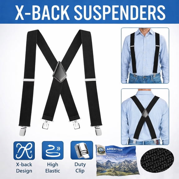 Amerteer Mens Suspenders X-Back 2" Wide Adjustable Solid Straight Clip Suspenders with Heavy Duty Clip for Work Pants