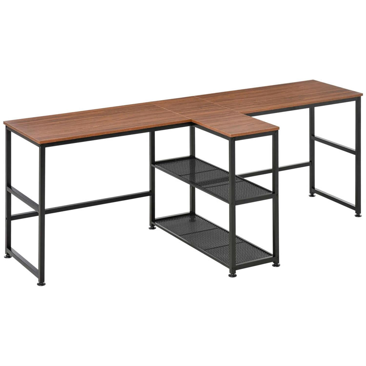 Demi Bonn Modern 2 Person Office Desk with 2 Storage Shelves, Home Computer Desk for Living Room, Office, Study, Writing Table PC Desks, Brown