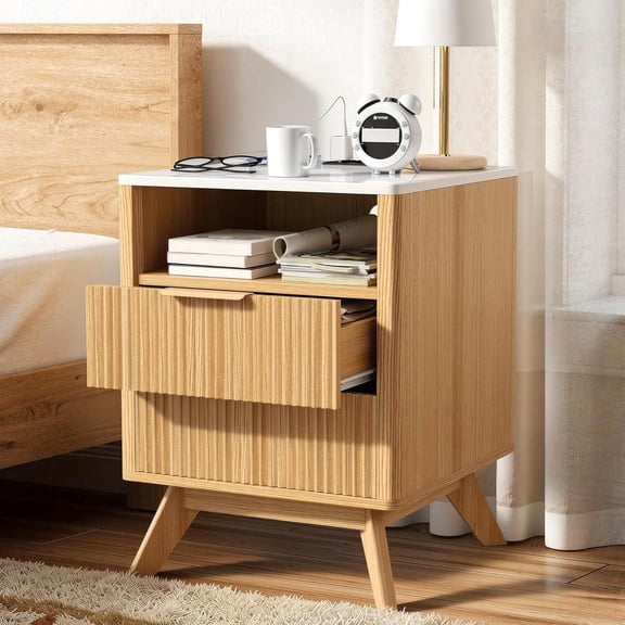 Hatchsun Nightstand Set of 1,Side Table with Charging Station,Bedside Tables with Drawer, Mid-Century End Tables for Bedroom, Sturdy Storage Side Tables, Natural Oak
