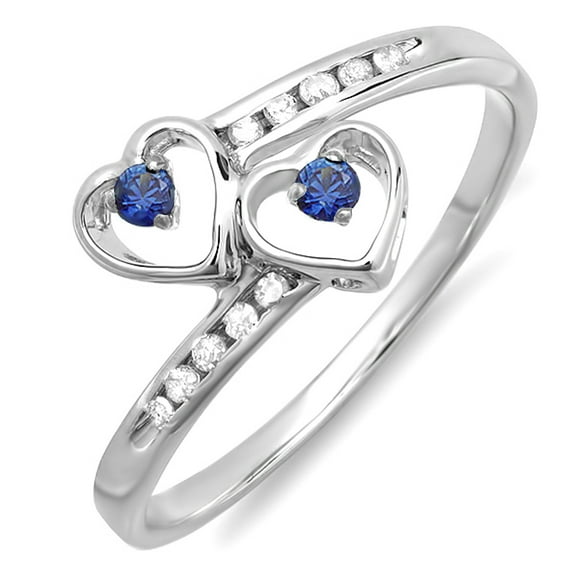 Dazzlingrock Collection Sterling Silver Blue Sapphire & White Diamond Ladies Bridal Double Heart Promise Ring, Size 6.5