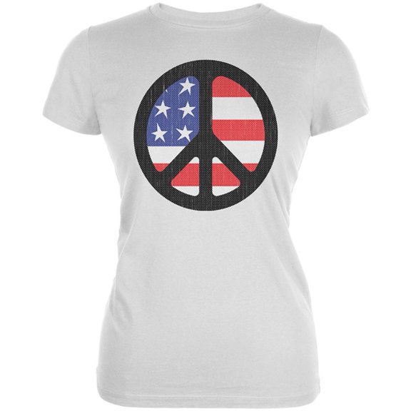 4th of July American Flag Peace Sign Distressed Halftone Juniors Soft T Shirt White 2XL