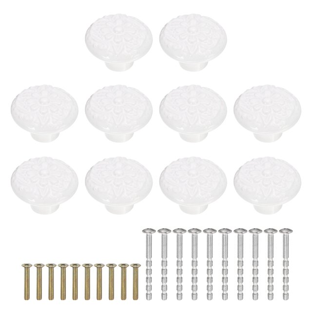 Uxcell 10 Paquete Perillas de Cerámica, 34mm/1.34" Perilla de Hongo con Patrón de Flor Tirador de Cajón Vintage para Muebles de Tocador, Dormitorio, Closet, Blanco