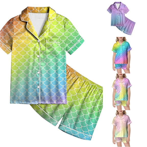LIIPEE Summer Pajamas For Girls Cute Fish Scale Graphic Short Sleeve Flat Collar Blouse And Shorts Pajama Set 2 Piece Kids Casual Sleepwear,10-11 Years