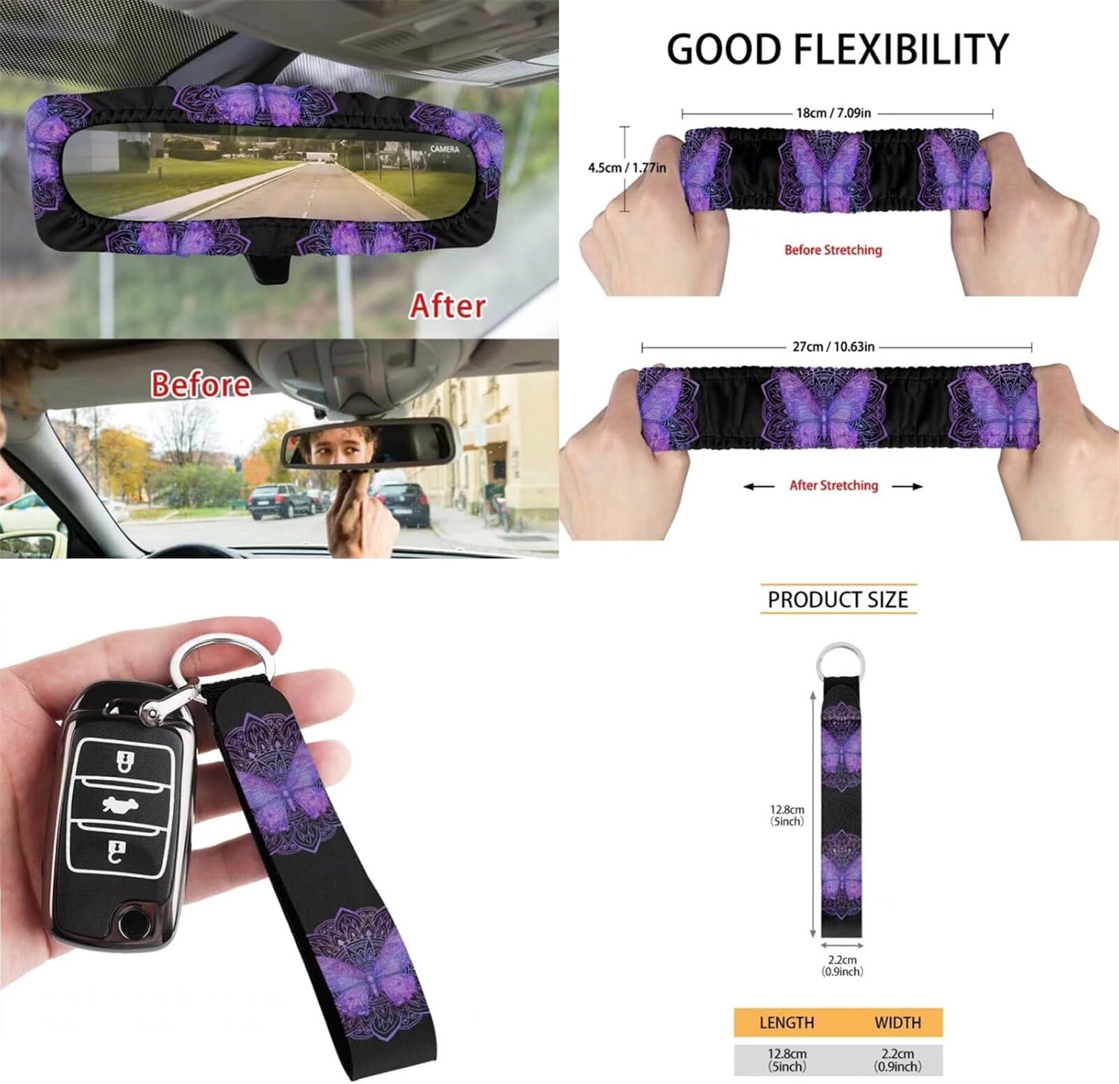 Yuyamidu 12 PCS Car Accessories Purple Butterfly Front Car Seat Covers Set Boho Steering Wheel Seat Belt Covers Armrest Pad Trash Bin Sunglass Pocket Rear View Mirror Cover Cup Coasters Key Chain