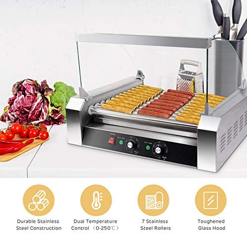S AFSTAR Commercial 30 Hot Dog 11 Non-Stick Roller Machine, Electric Hot Dog Sausage Grill Cooker Machine with Removable Stainless Steel Drip Tray & Glass Hood Cover, Countertop Hot Dog Roller Warmer