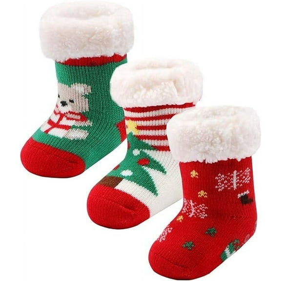 3 Pairs Toddler Girl Boy Sherpa-lined Fuzzy Socks, Baby Christmas Fleece Lined Socks, Kids Slipper Socks