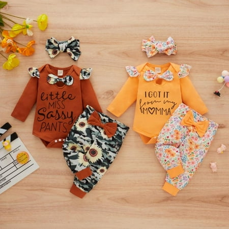 

Baby Girl Clothes Spring Autumn Letters Print Bodysuits Floral Bow Print Pants Hair Tie Newborn Clothing Sets 3pcs