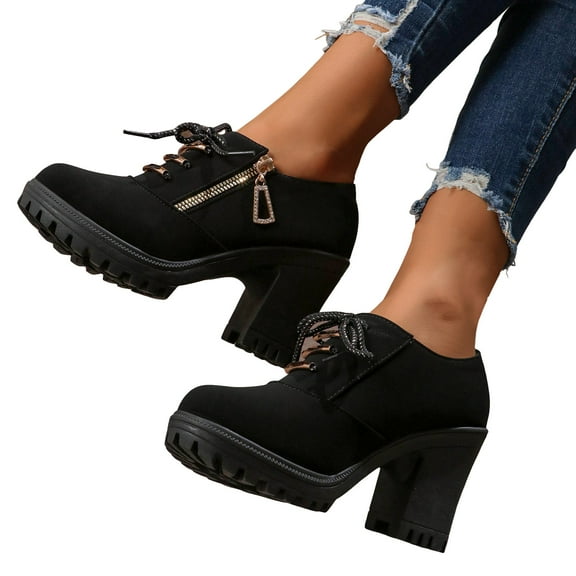 Womens Ankle Boots Low Top Lace up Platform Lug Sole Chunky High Heel Dress Booties Side Zipper Leather Fall Boots