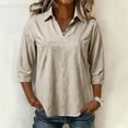 thumbnail image 3 of Women 3/4 Length Sleeve Shirts Lapel V Neck Solid Color Summer Tops Soft Cotton Casual Loose Fit T-Shirts (S, Beige), 3 of 7