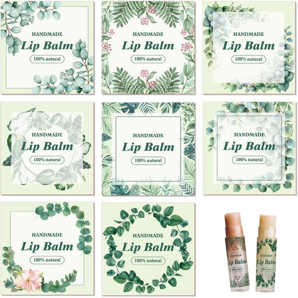 80 pegatinas autoadhesivas para bálsamo labial, 8 estilos, con forma de hoja verde, para bálsamo labial casero, estilo vintage, cuadradas, para bricolaje.