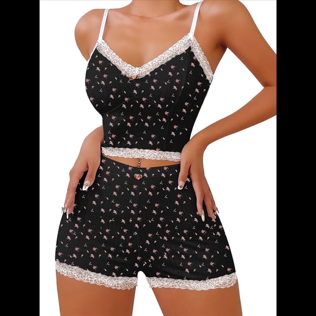 Conjunto de Pijama de 2 Piezas para Mujer, Sin Mangas, con Estampado Floral, de Corazón y Cereza, Pantalones Cortos Informales, Ropa de Dormir, Negro, Talla XL