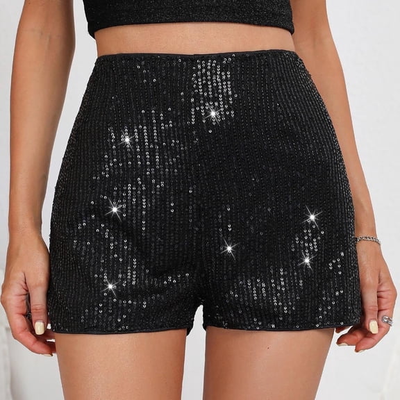 WNEGSTG High Waisted Sequin Shorts for Women Elastic Straight Leg Sparkly Glitter Party Shorts Black