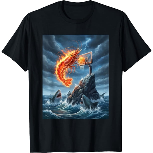 Camiseta de baloncesto con diseño de camarones y tiburones