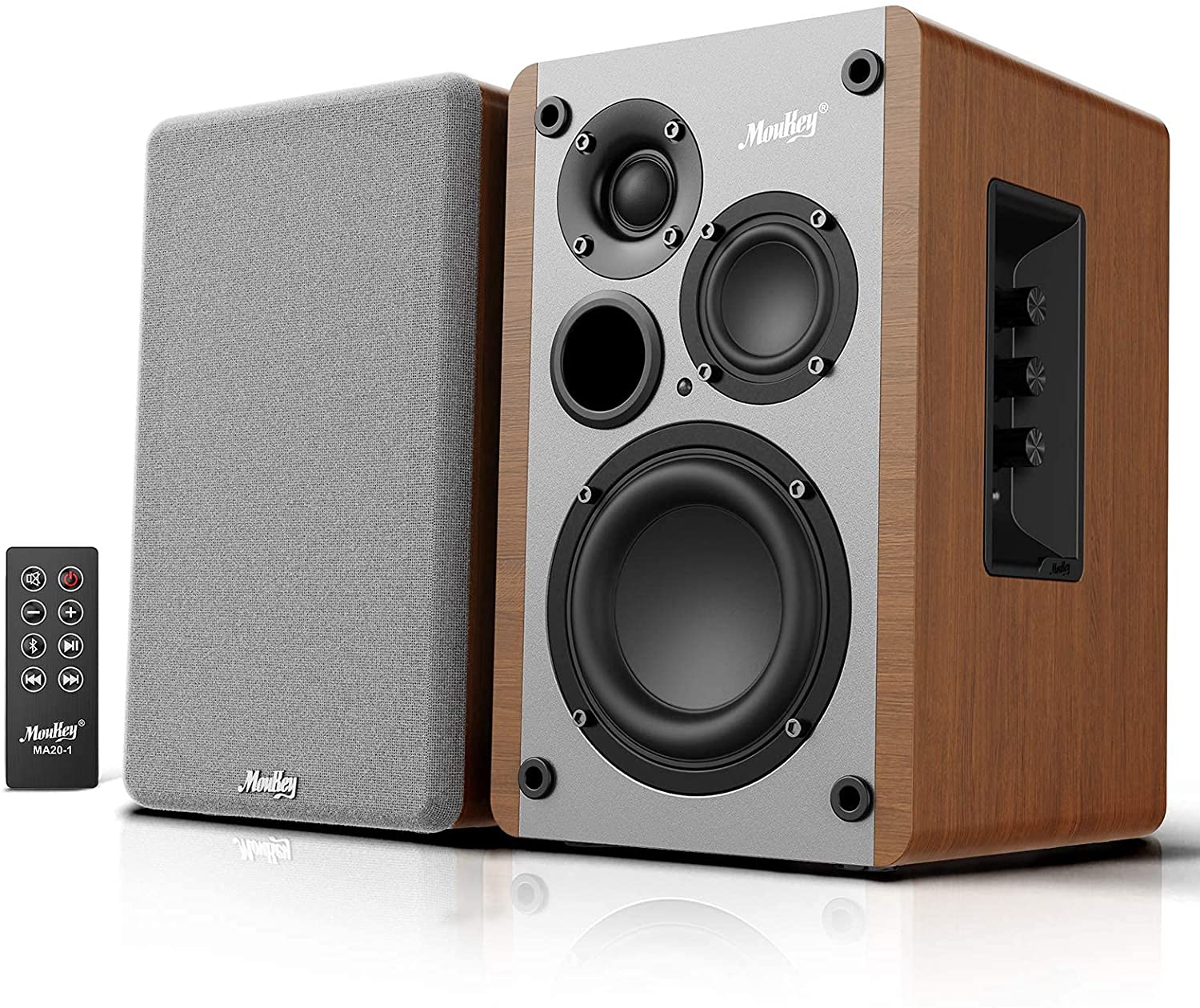 Moukey Powered Bookshelf Speakers Pair- Bluetooth 5.0 Studio Monitors, 3 Way 4+2+1‘’ Speakers, Wooden 2.0 Stereo Active Speakers - 50 Watts RMS (MA20-1), Lime - image 1 of 7