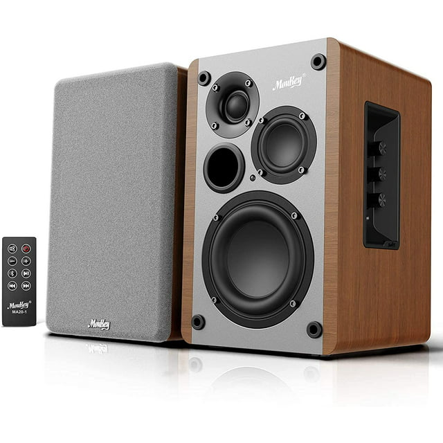 Moukey Powered Bookshelf Speakers Pair- Bluetooth 5.0 Studio Monitors, 3 Way 4+2+1‘’ Speakers, Wooden 2.0 Stereo Active Speakers - 50 Watts RMS (MA20-1), Lime