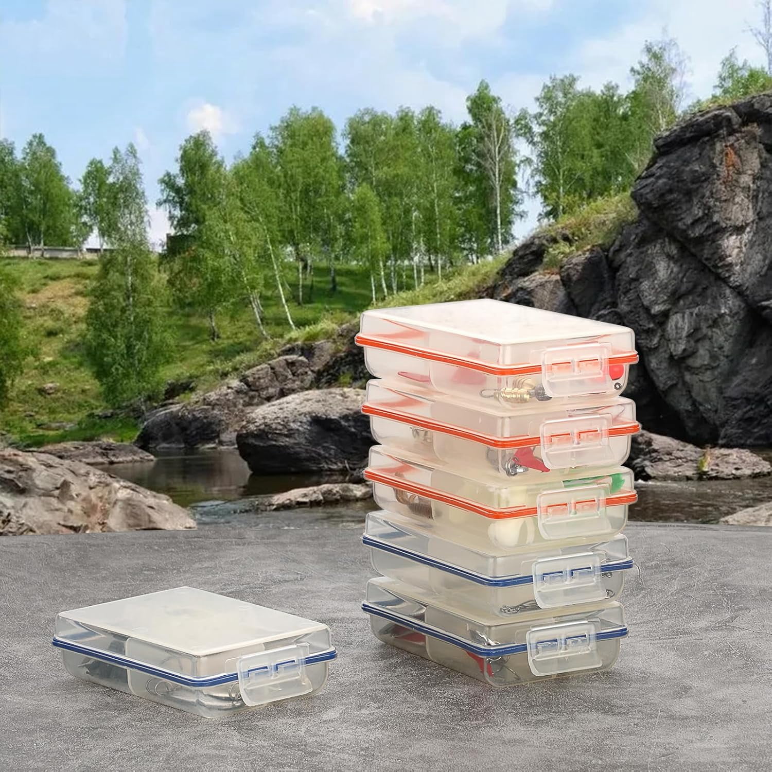 12 Pack Plastic Small Fishing Tackle Box Organizer with 4 Compartments, Clear Mini Fishing Tackle Storage Boxes with Dividers, Transparent Fish Pocket Tackle Storage Box Lure Box