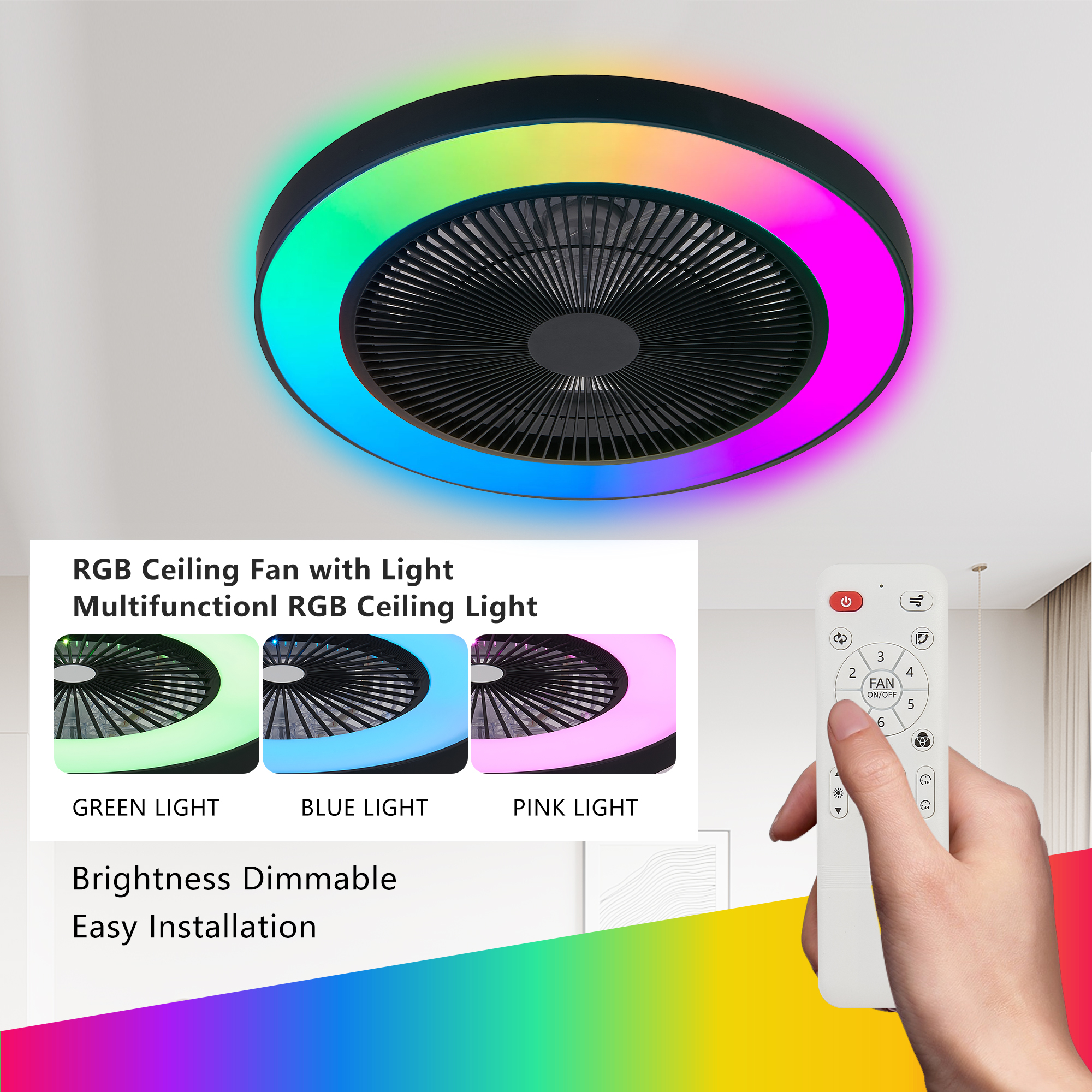 Leumius 19" Black Ceiling Fan Light with LED RGB, Dimmable & Color-Changing, APP & Remote Control, Modern Smart Ceiling Fan for Living Room Bedroom and Dining Room