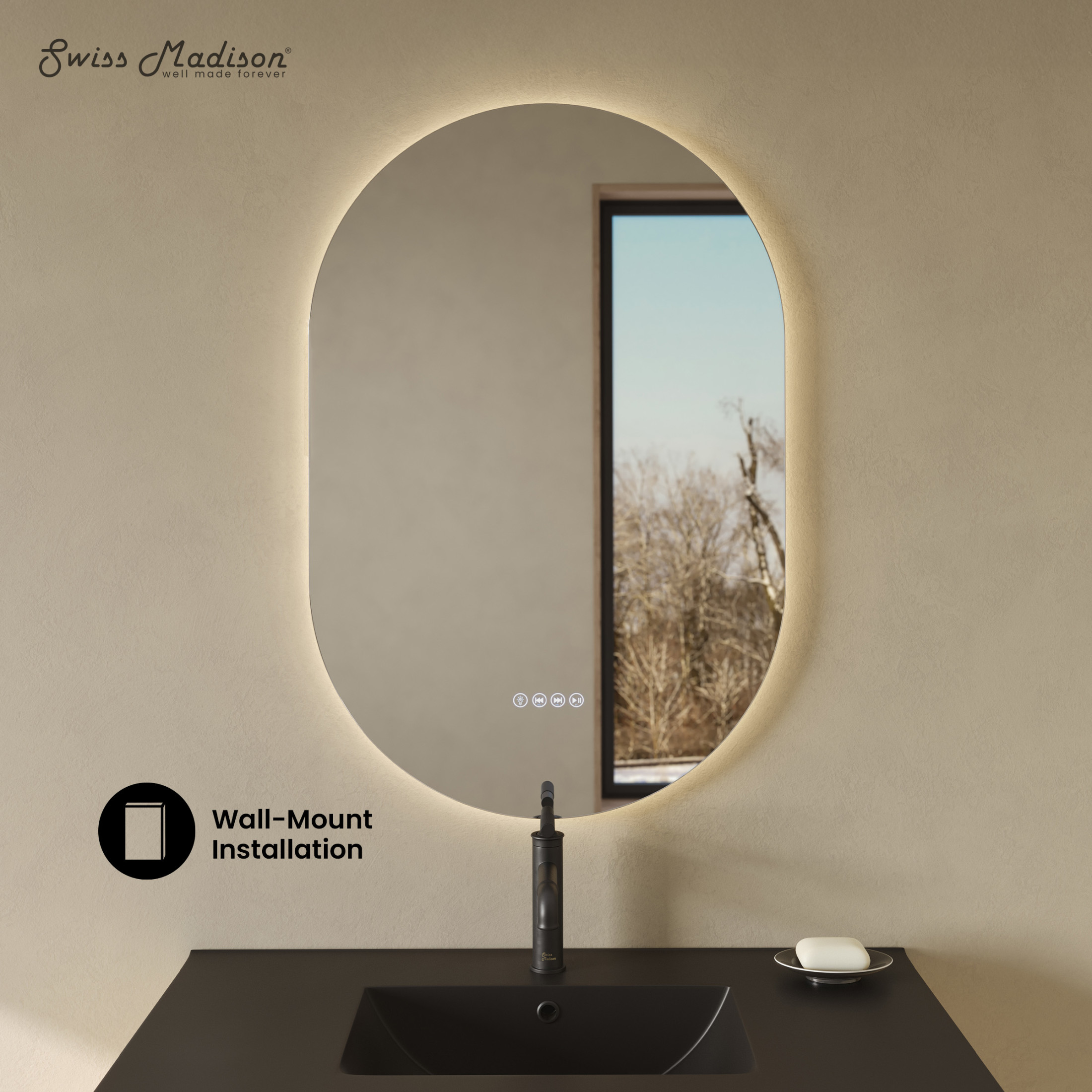 Aura 24" x 36" Pill Shaped LED Anti-Fog Smart Mirror with Bluetooth