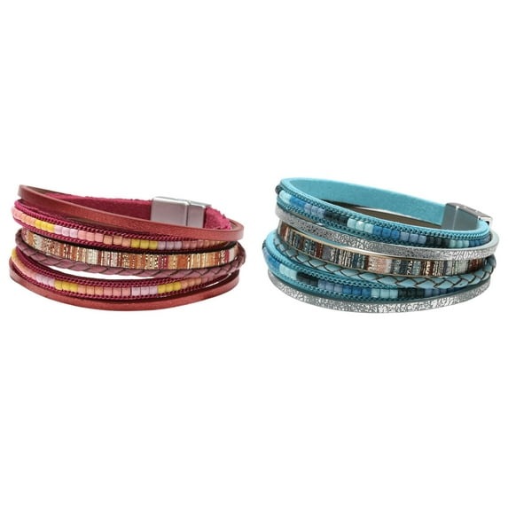 JINLUO 1-2-3Sets Boho Bohemian Stackable Leather Wrap Multilayer Cuff Handmade Beaded Bracelets for Women Men Beaded Golden Circles With Magnetic Buckle Bangle Sets