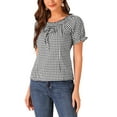 thumbnail image 4 of INSPIRE CHIC Gingham Christmas Plaid Blouse for Woman's Peasant Round Neck Ruffles Puff Sleeve Top L Black, 4 of 5