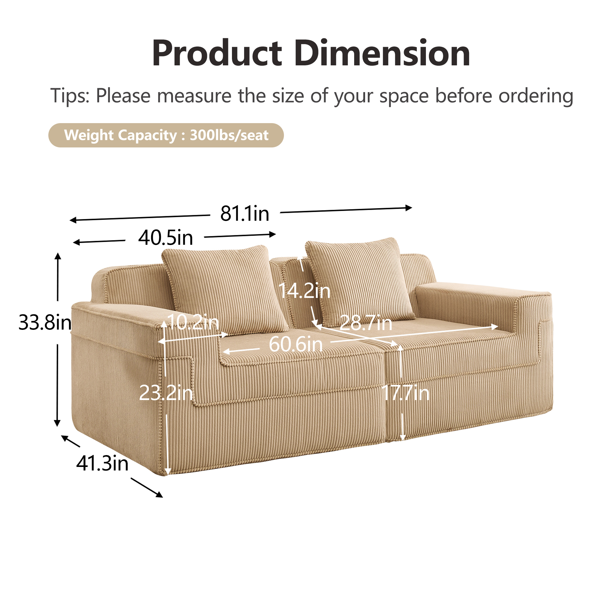 Modular 2 Seat Loveseat Boneless Sofa, Cloud Sectional Couch with Deep Seat, Modern Modular 2-Seat Sofa Couch with Throw Pillows Corduroy Fabric Camel