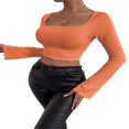 thumbnail image 3 of Women Solid Color Ribbed Square Neck Lettuce Hem Show Navel T-Shirts Spring Autumn Flare Long Sleeve Slim Crop Tops Black M, 3 of 6