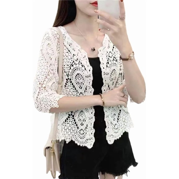 Women Knit Lace Shrug Hollow Crochet Floral 3/4 Sleeve Open Front Crop Cardigan