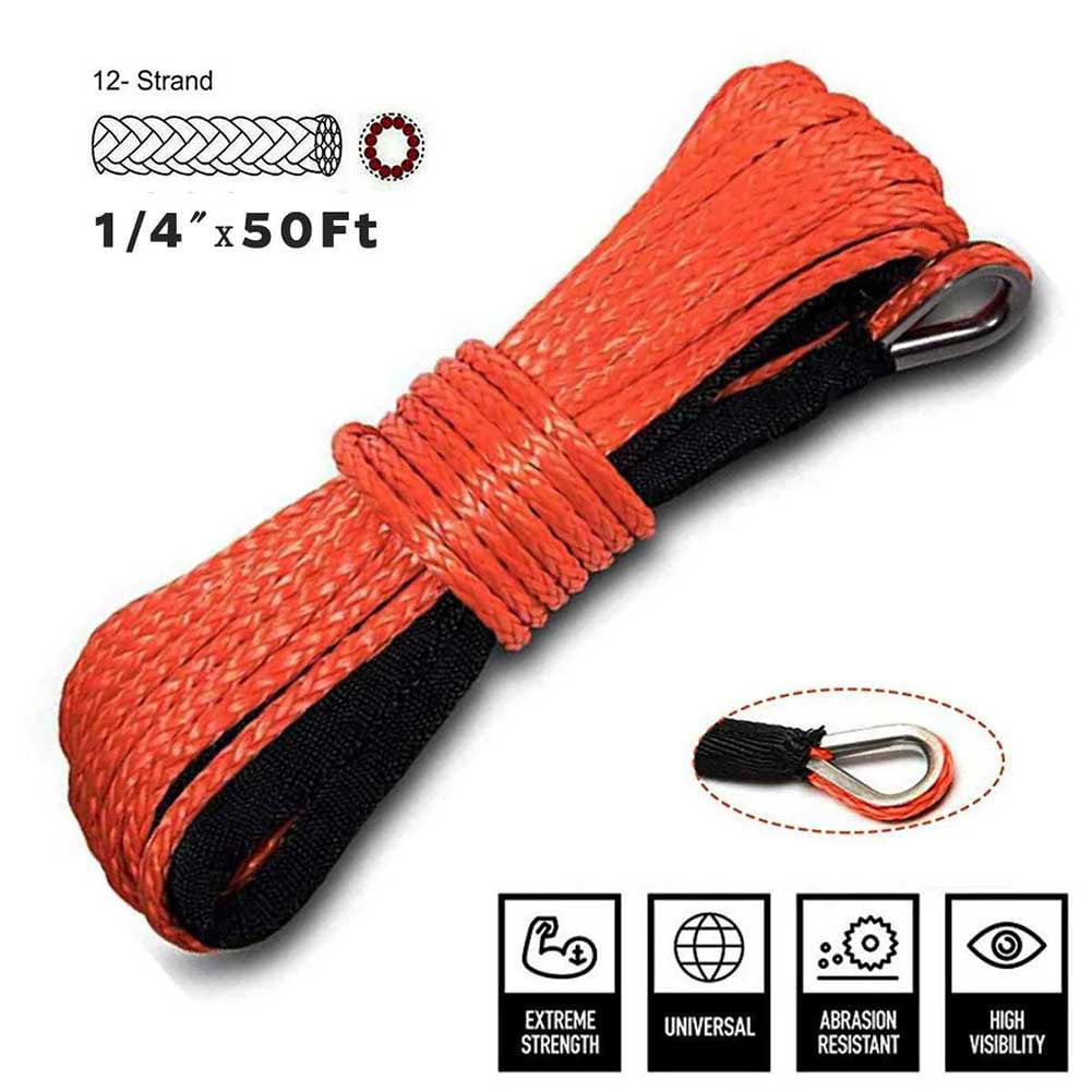 1/4"X50' Synthetic Winch Line Cable Rope with Sheath SUV ATV UTV 7700 LBS Gray A 