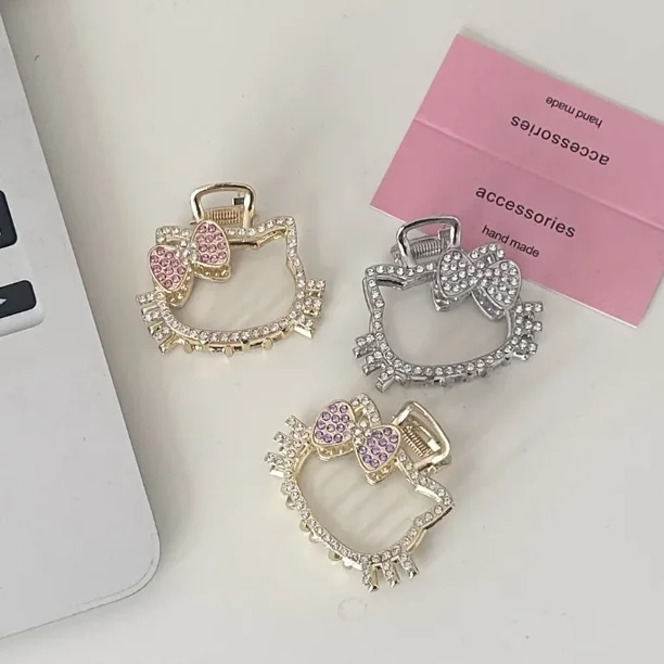 Lindo Sanrio Hello Kitty Clip de pelo de cristal Personaje de anime Hellokitty Clip de pelo Accesorios de joyería de dibujos animados Regalos para mujeres y niñas