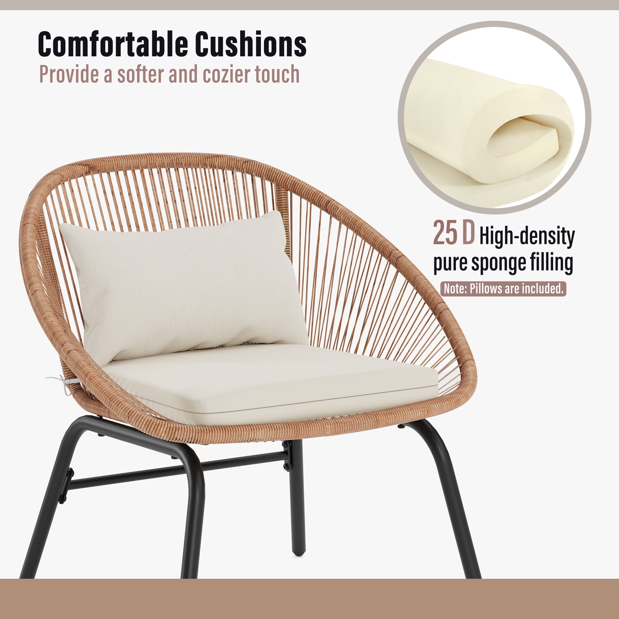 LAUSAINT HOME 3 Pieces Patio Bistro Set, Outdoor Furniture with 2 Chairs and 1 Coffee Table, Beige Cushions, Linear Weave Design