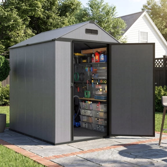 PABIMIA 4x6 FT Resin Storage Shed with Floor Outdoor Plastic Tool Shed, Weatherproof Garden Shed with Sloped Roof, Built-In Vents & Padlock-Ready Door