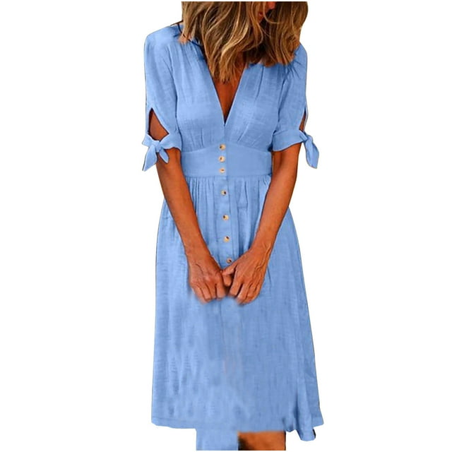 PVCS Robe Longue Cardigan à Manches Courtes Col en V Couleur Unie pour Femmes