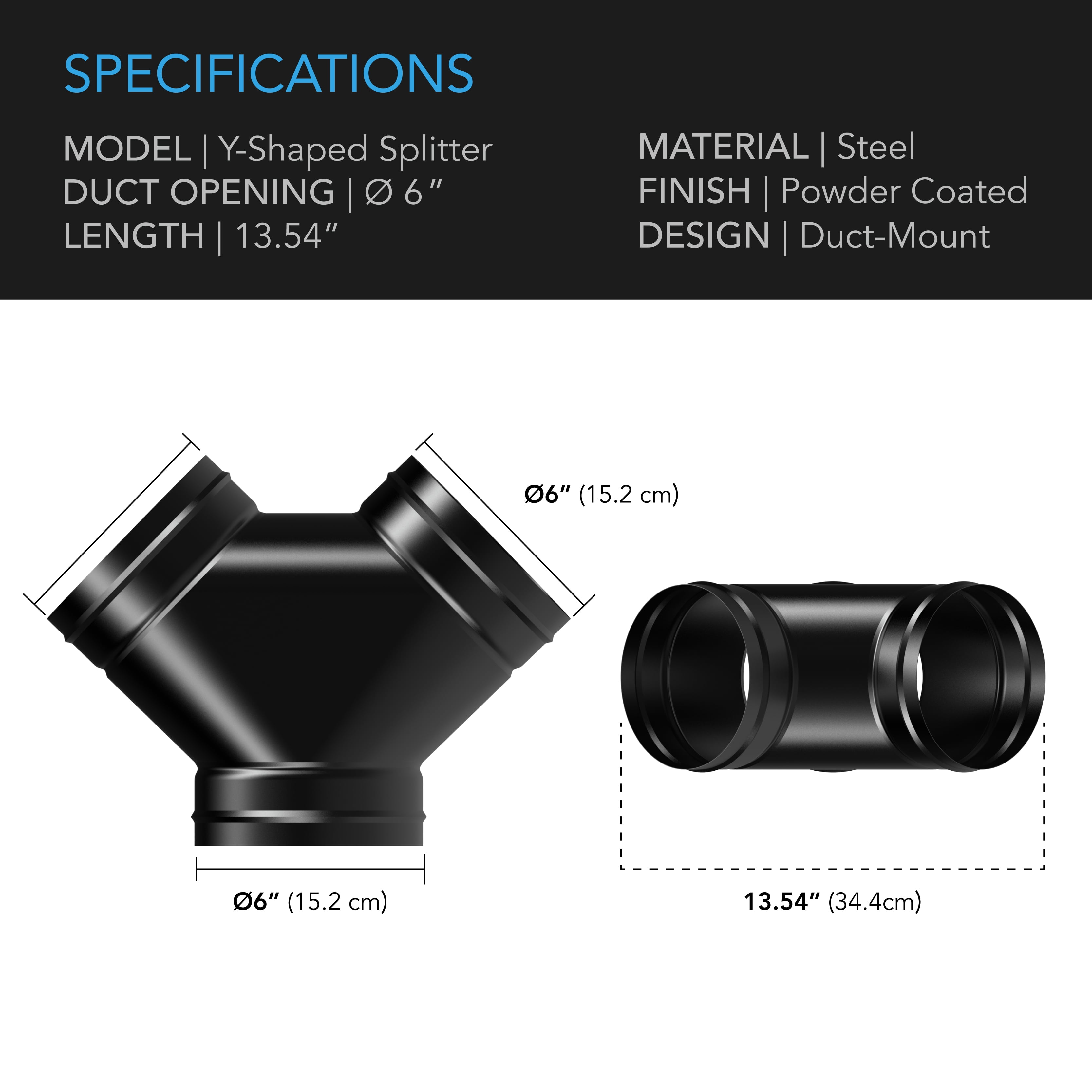AC Infinity 3-Way Duct Splitter, 6 x 6 x 6" Exhaust Pipe Splitter Y Connector, for Indoor Growing Tents Dryer Vent Hoses