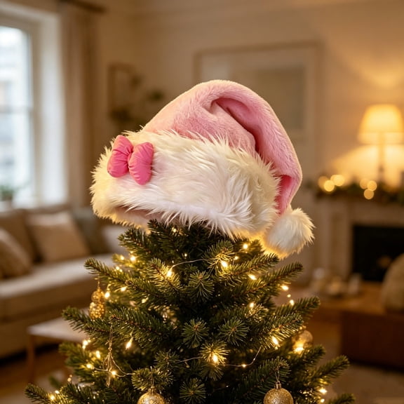 Pretty Santa Hat with Ribbon Accents 32x32x42cm, Festive Christmas Decoration for Tree Mantel Window, Soft Fabric Santa Hat for Holiday Party Scene and Home Decor