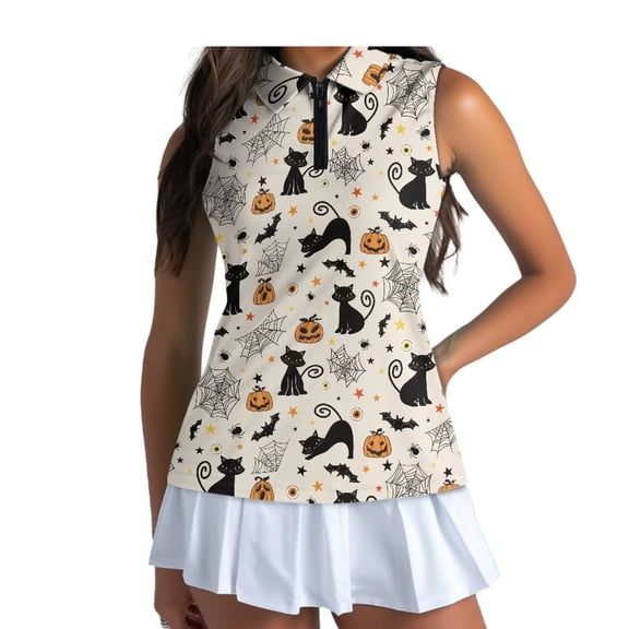 Yuyamidu Black Cat Pumpkin Women's Sleeveless Golf Shirts for Sport Quick-dry Breathable Fabric, Slim Tailored Fit, Suitable for Tennis Training, Golf, Casual Outdoor Athletic Wear for Women