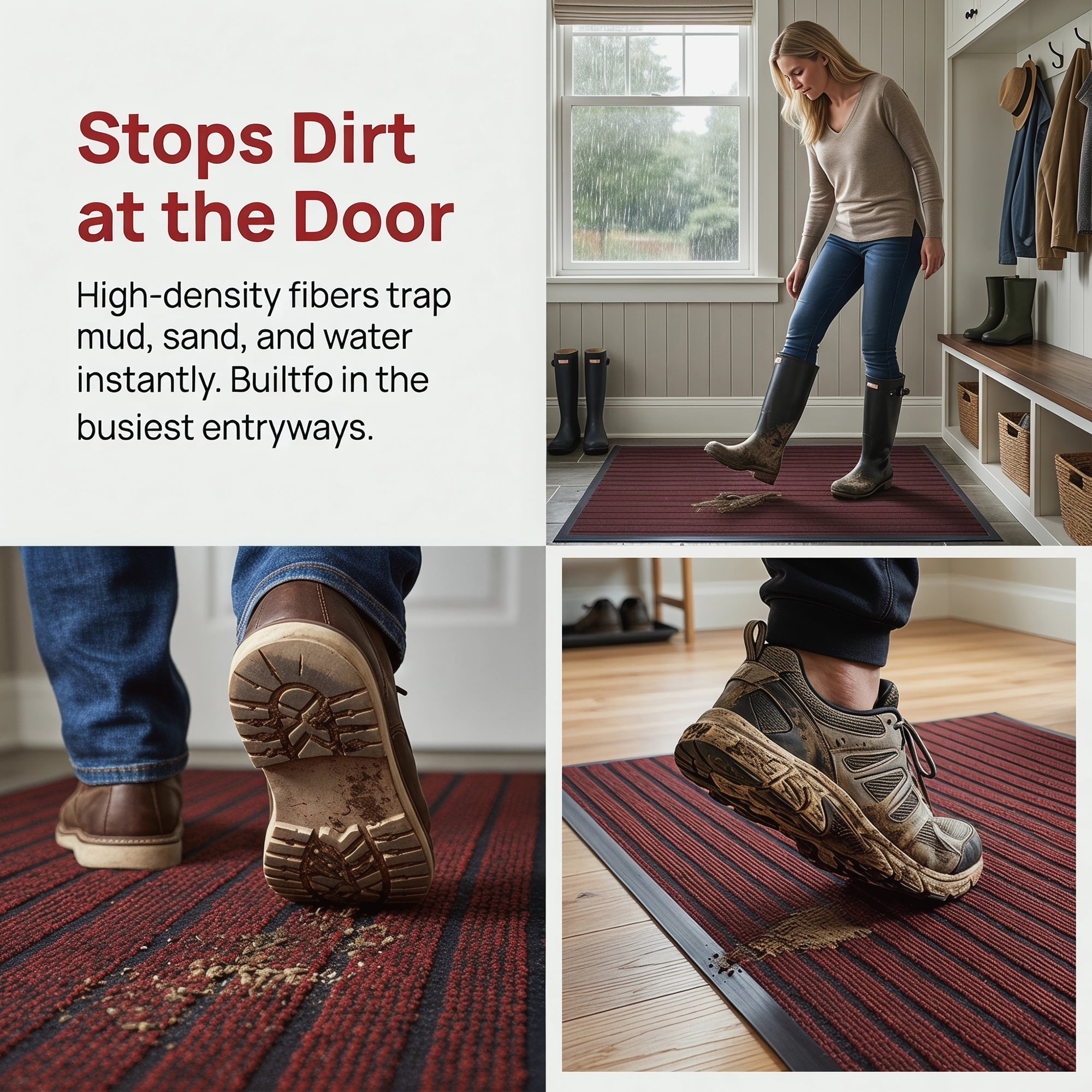 Unique Bargains Waterproof Non-Slip Ribbed Scraper Welcome Front Door Mat Red 32" x 20"