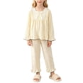 thumbnail image 2 of YunPes Girls Cute Loungewear Set Lace Trim Square-Neck Bubble Crinkle Blouse and Ruffle Pants Kids Soft Lightweight Spring Fall Outfits, 2 of 6