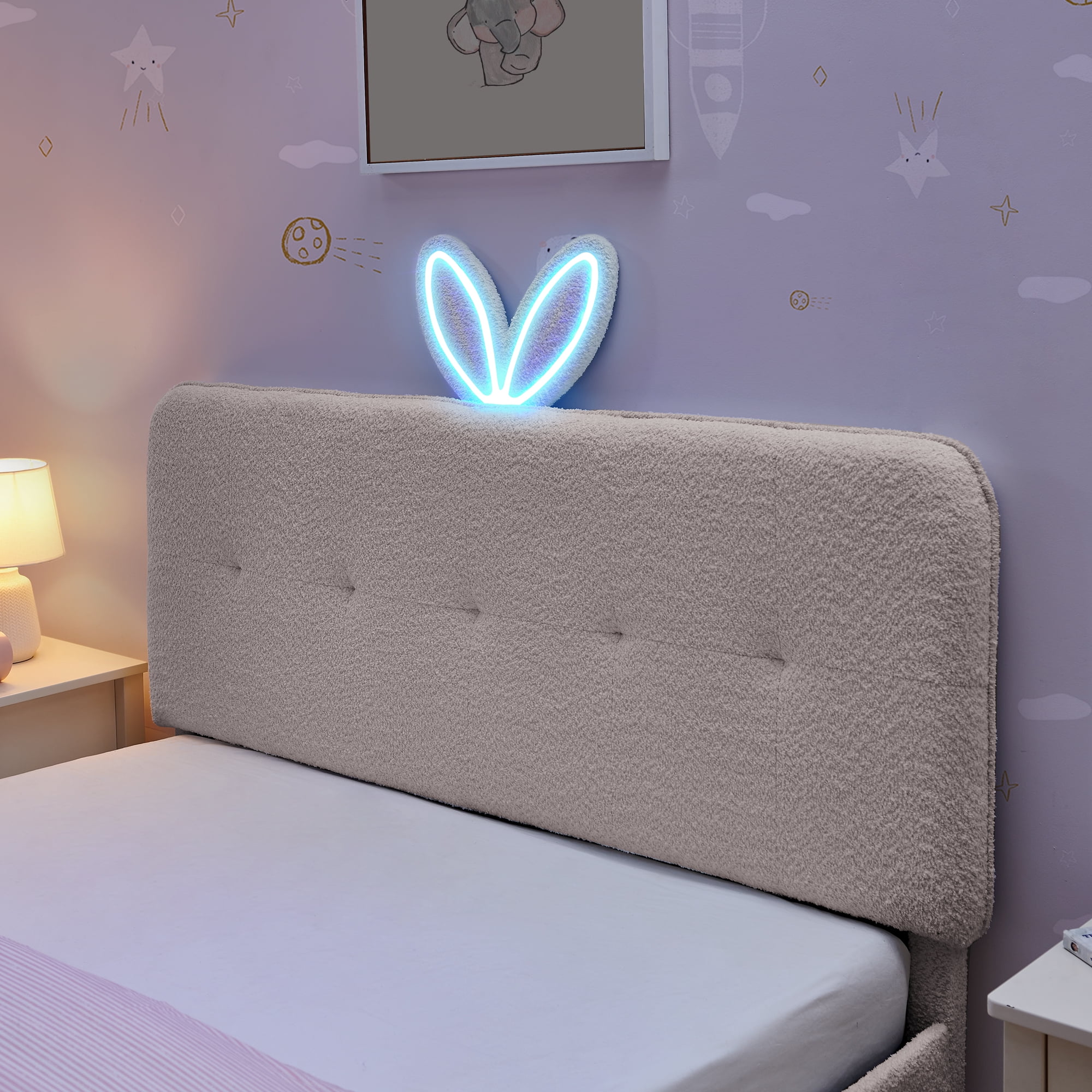 T-Joy Cute Upholstered Kids Bed with 4 Storage Drawers, Boucle Wooden Platform Bed with Rabbit Ear LED Light, Full Size, Pink