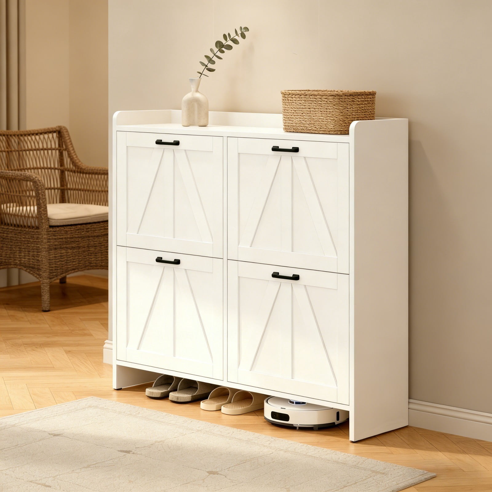 White Shoe Cabinet with 4 Flip Drawers, Modern Slim Entryway Shoe Storage Organizer with Barn Door Design for Hallway Living Room