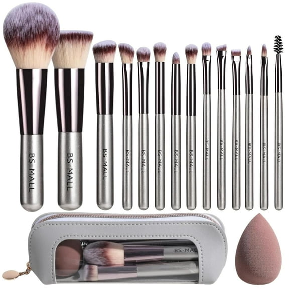 BS-MALL Travel Makeup Brush Set 14 Pcs Premium Synthetic Foundation Powder Concealers Eye shadows Blush Makeup Brushes with Cute Case and Makeup Sponge (A-Champagne)