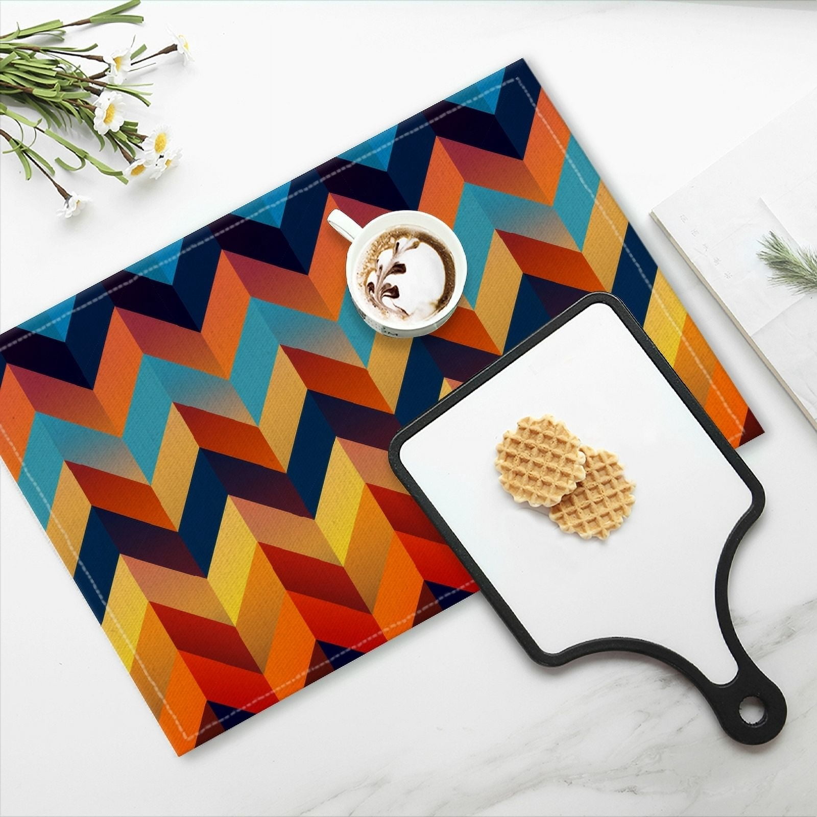 BaHomeck placemats Set of 4 Colorful Pattern Retro Color Palette With Orange And Blue Tones Cotton Linen rectangle Placemats for Kitchen Dining Table Indoor,Outdoor,18*12inch