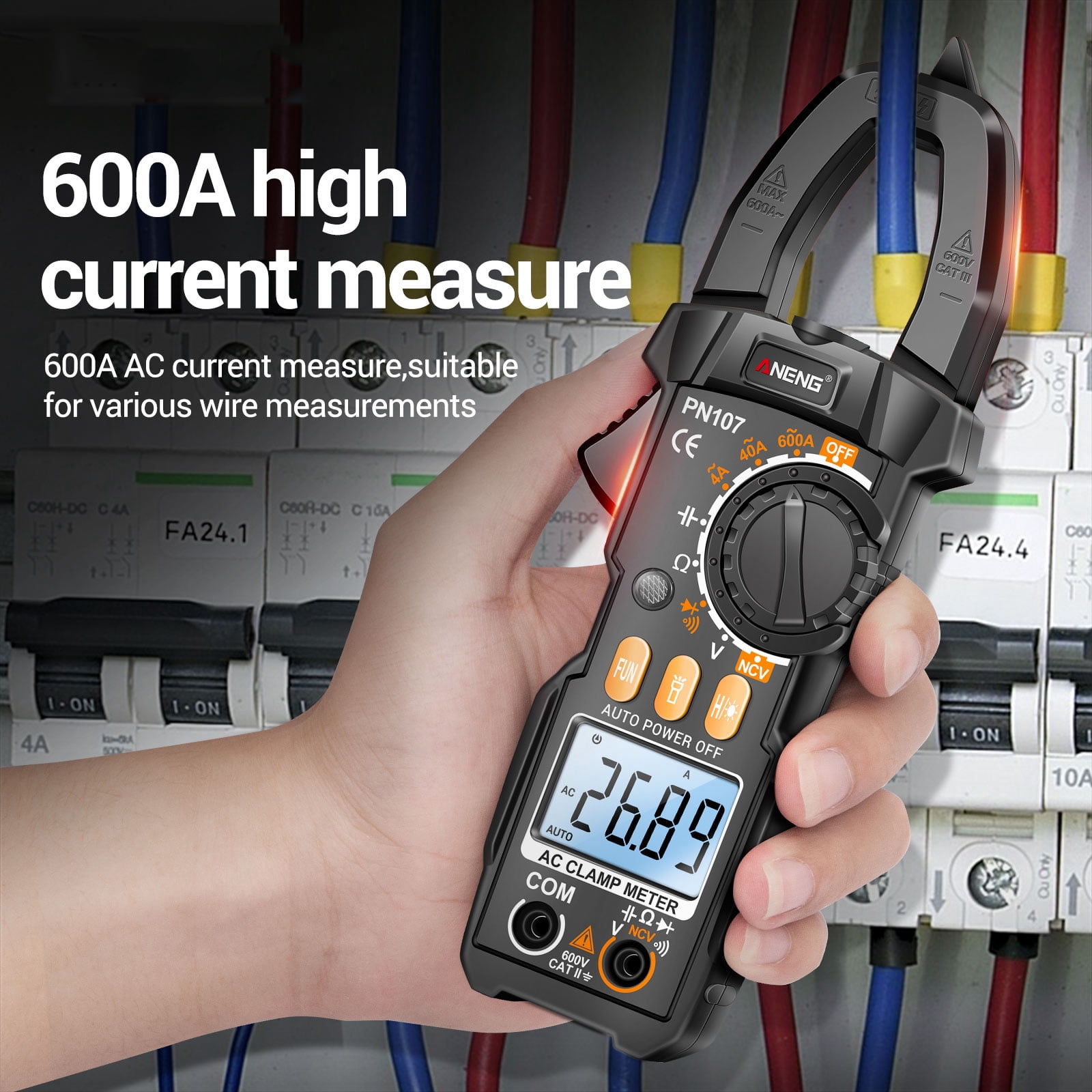 ANENG PN107 Digital Clamp Meter CAT II 600V AC Voltage Multimeter Tester 4000 Counts Amp Voltage Tester Measures AC/DC Current AC Voltage Resistance Capacitor Diodes