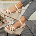 thumbnail image 3 of Rokment Platform Wedge Dressy Sandals for Women Ladies 2026 Fashion Casual Metallic Buckles Ankle Strap Height Increasing Chunky Heeled Dress Beach Summer Shoes Bride Wedding Boho Beige Size 6.5, 3 of 7