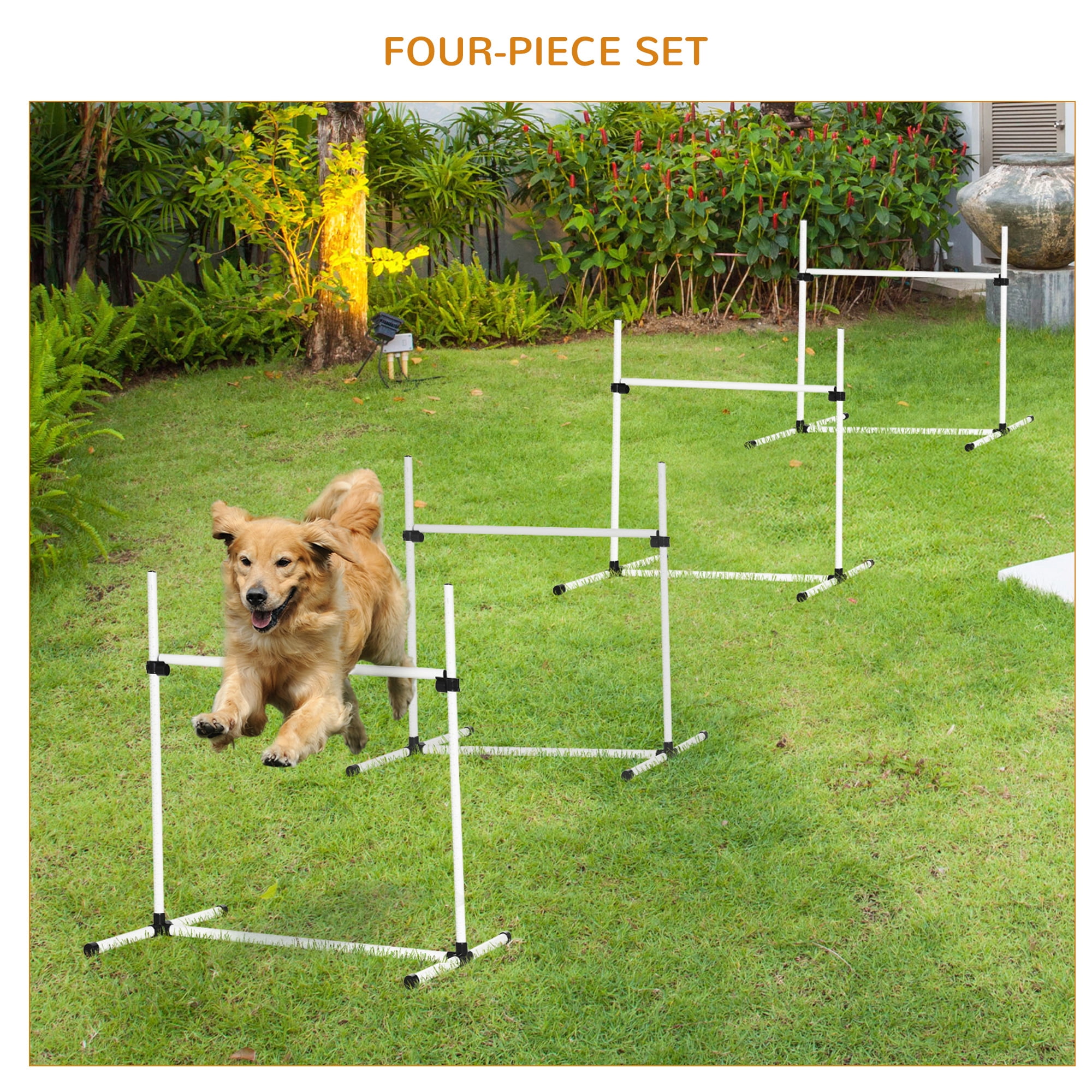 4 Piece Dog Agility Training Equipment for Dog Agility Course with Adjustable Height Jump Bars, Included Carry Bag, & Displacing Top Bar, White