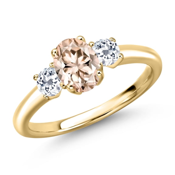 Gem Stone King 10K Yellow Gold Peach Morganite and White Topaz Engagement Ring for Women | 1.08 Cttw | Oval 7X5MM | Gemstone October Birthstone | Size 7